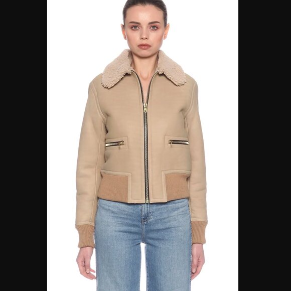 Sandro Cerone Shearling Bomber Aviator Leather Jacket Size S Beige Tan Designer - Picture 14 of 15